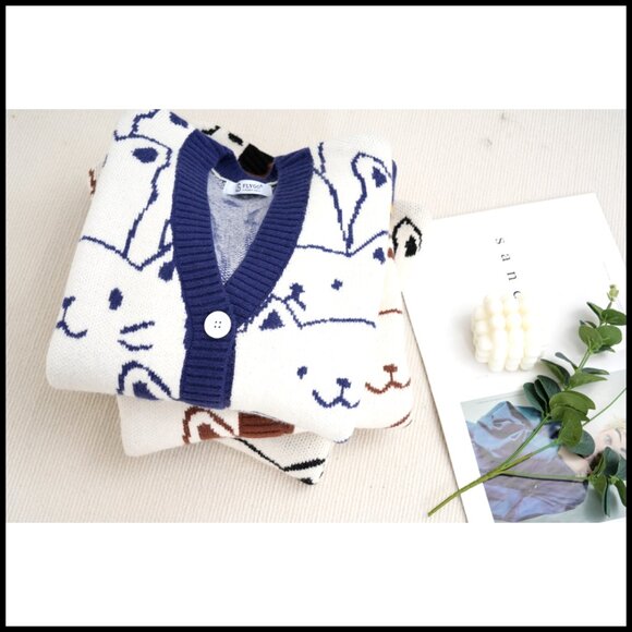 Oversized Chunky Knit Cardigan with Cat Print, V-Neck, Button Front - Picture 7 of 7